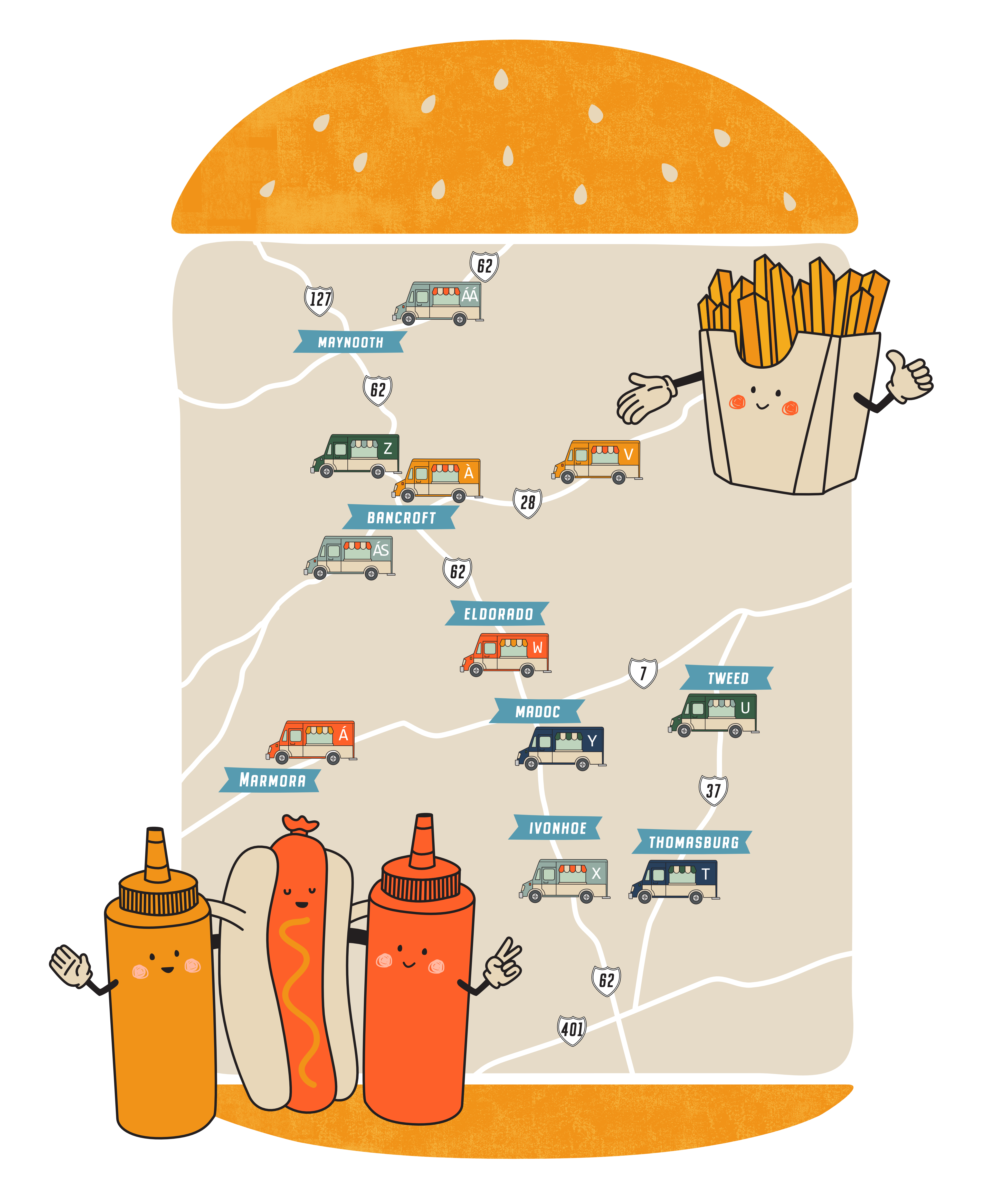Fun design of a map in the shape of a hamburger identifying all the food trucks in Hastings County for visitors