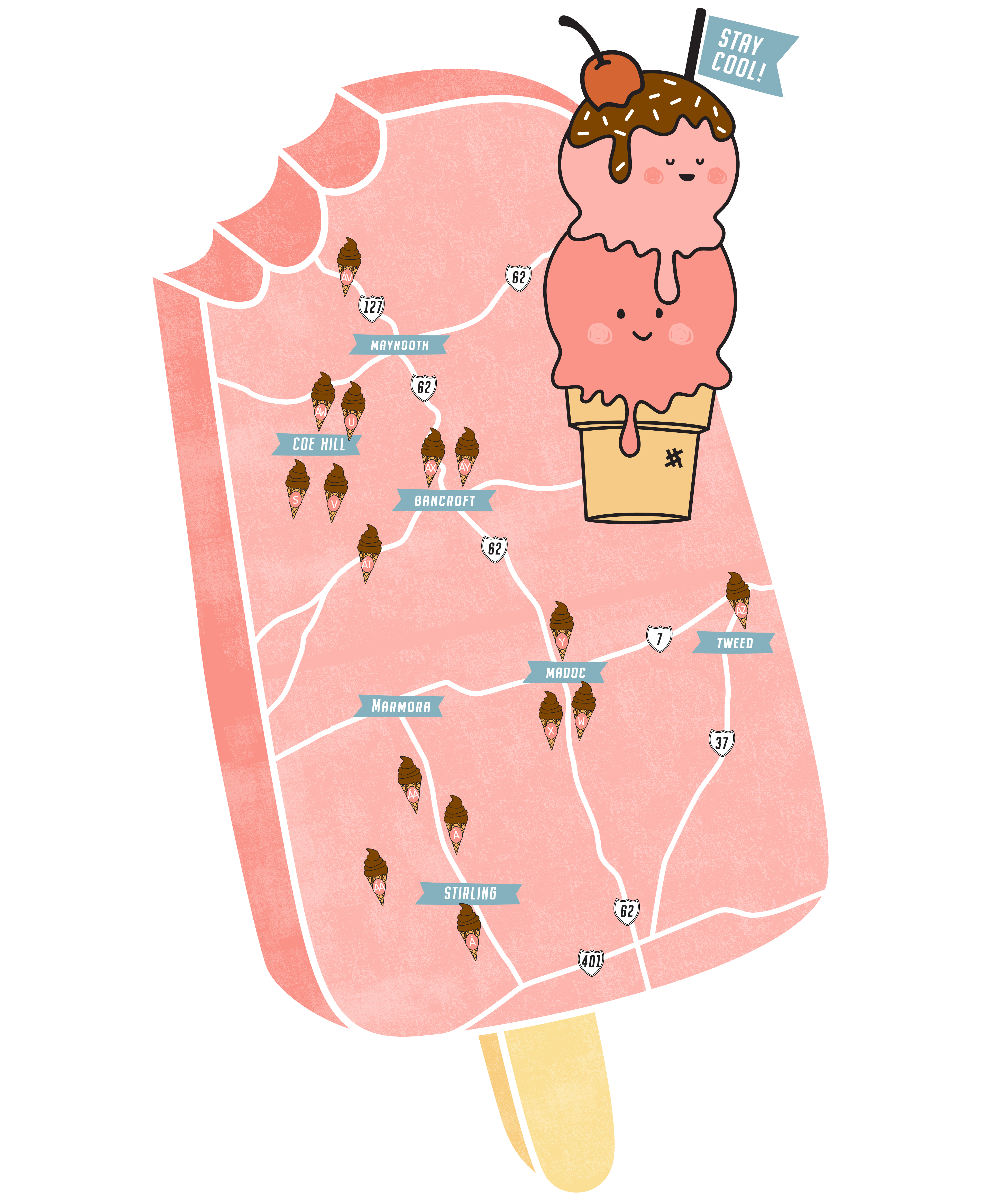 Fun design of a map in the shape of an ice cream bar identifying all ice cream locations in Hastings County