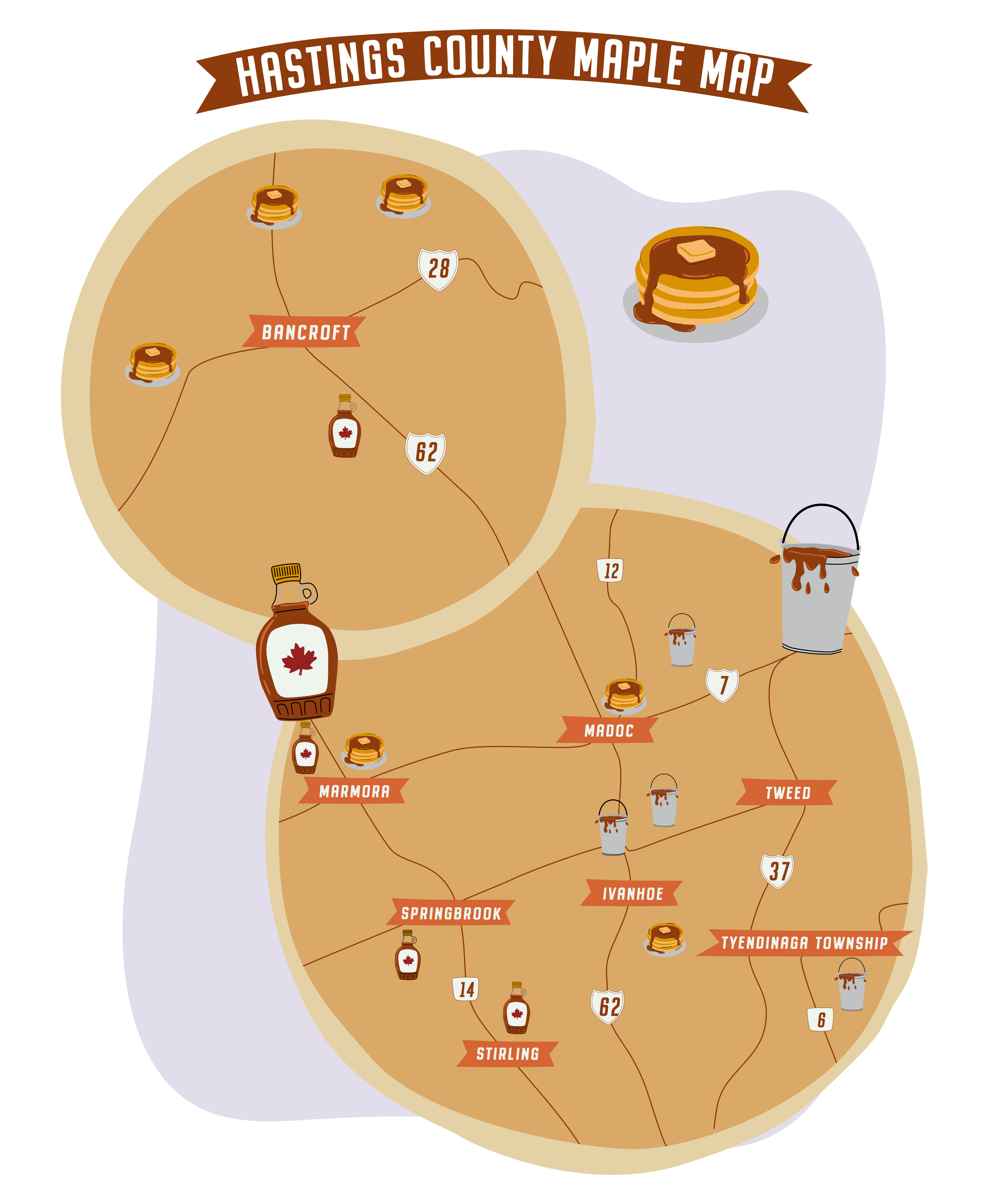 Fun design of a map in the shape of a pancake identifying all the Maple Locations in Hastings County for visitors