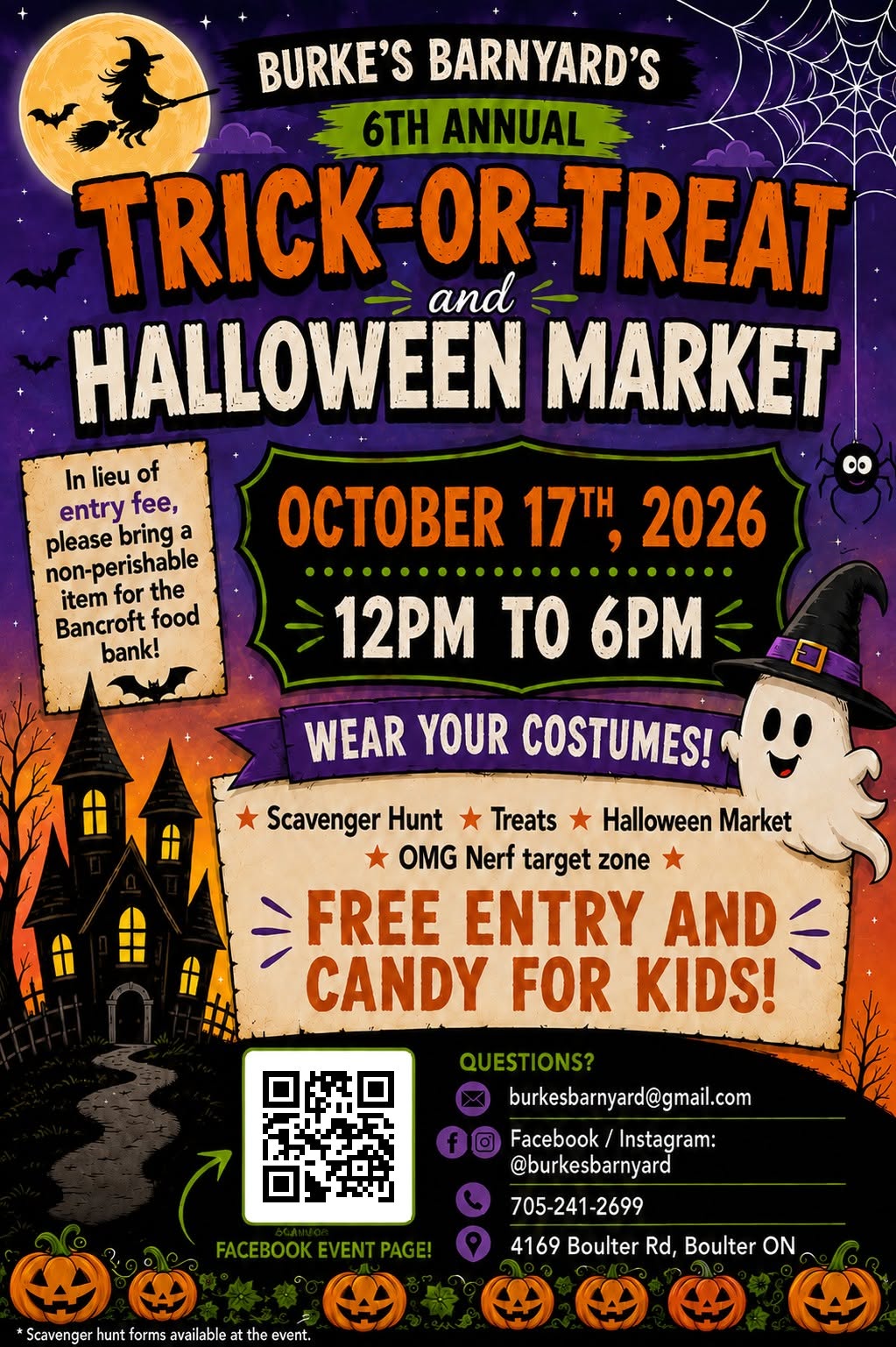 AI poster, Nighttime, silhouette of witch flying on broom in front of moon, spider hanging from web, ghost wearing witch hat, spooky house on hill, jack o lanterns, event details
