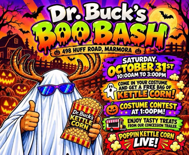 AI poster, Moose with ghost costume on holding bag of kettle corn, jack o lanterns, barn, trees, bats, fence in background, bright dripping text name of event