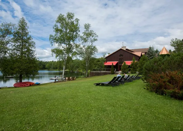 View of a grassy area with lawn chairs along a lake