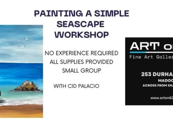 Painting of seascape with event information