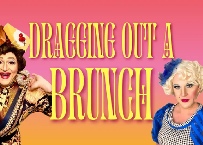 Dragging out a Brunch Poster, two people posing on a pink and orange background