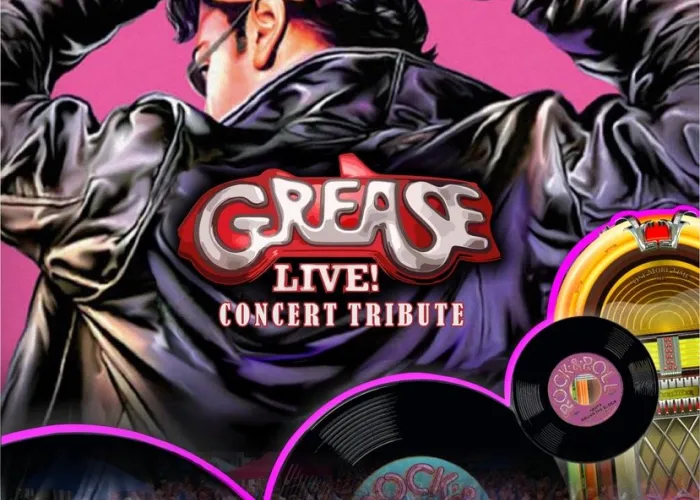 Grease Live! Concert Poster. Guy brushing his hair with a comb and the words Grease on the back of a leather jacket.  