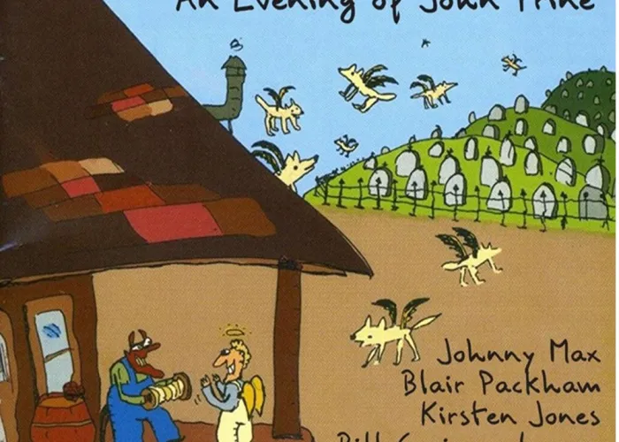 In Spite of Ourselves - An Evening of John Prine Poster. Hand drawn poster with flying dogs and a graveyard in the back a cabin in the foreground.