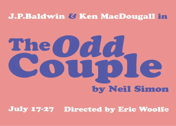 The Odd Couple by Neil Simon Poster. Pink background with purple font.