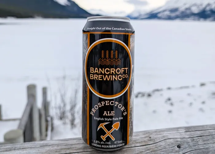 View of a tall beer can adjacent a frozen lake with mountains in the background