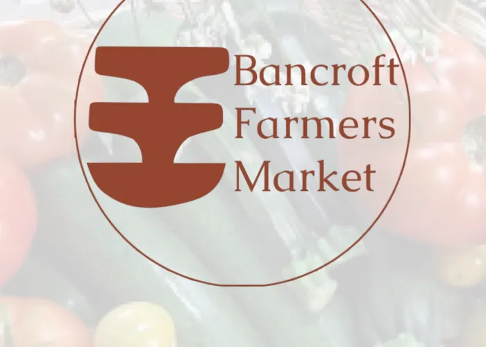 Bancroft Farmers Market Logo. A red logo on a white background