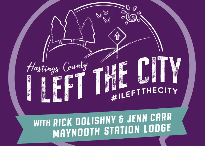 I Left The City Episode Logo. Purple background with speech bubble and drawing of trees, hills and a sign with a up arrow. 