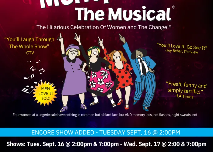 Menopause the Musical Poster, 4 cartoon women pointing on a dark red background.
