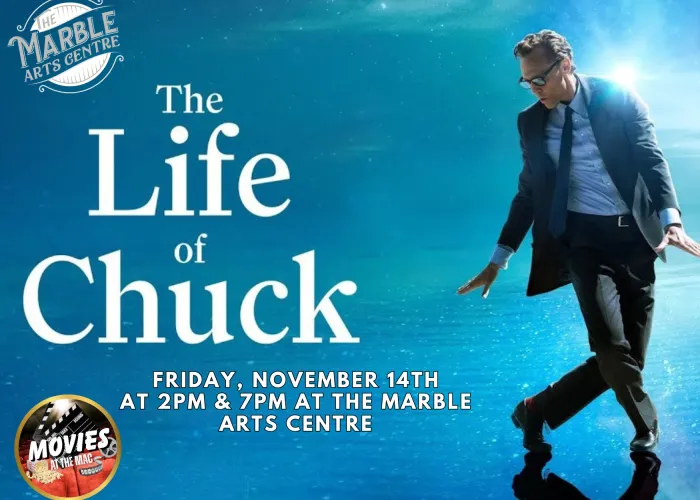 The Life of Chuck Poster. A man in a suit dances on a bright blue background.