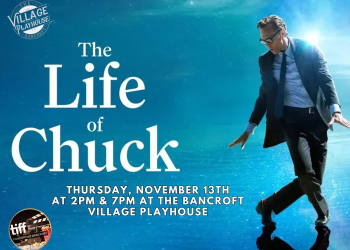 The Life of Chuck Poster. A man wearing a suit dances on a bright blue background.