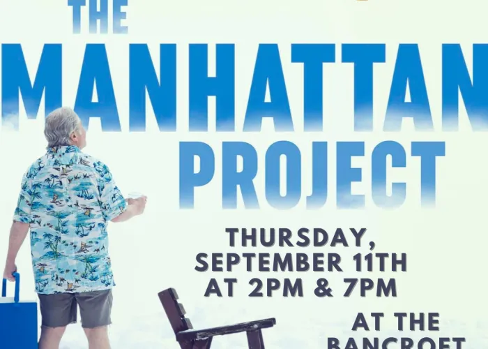 The Manhattan Project Movie Poster. A person is standing in the snow with a bag next to a bench.