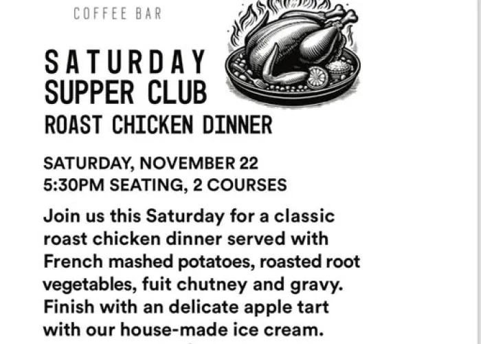 event details for saturday supper club including roast chicken dinner, price and RSVP details