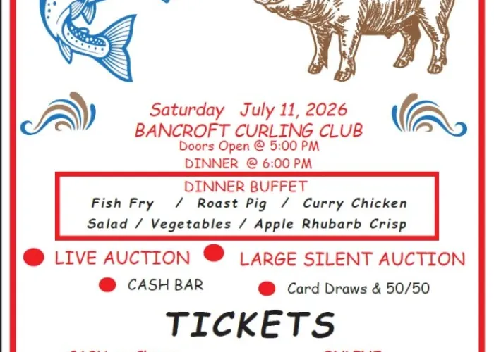 Event details, cartoon of fish and pig wearing a chef's hat