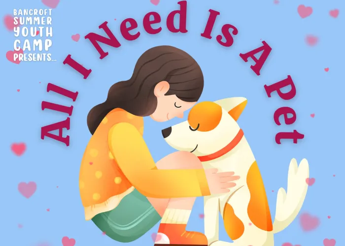 Event name, cartoon of a child sitting and petting their dog