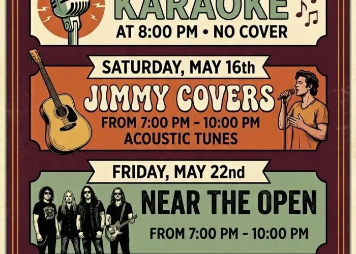 Name of venue and list of events with cartoon images beside each
