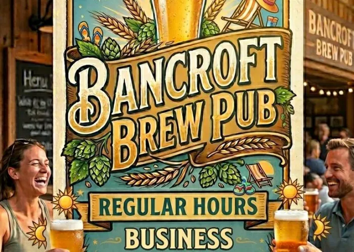 Business name and hours, people laughing holding drinks