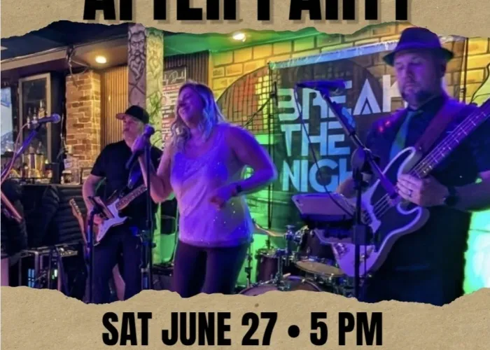 Event details, three musicians performing on stage, sponsor logos