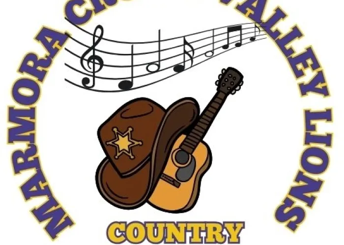 Cowboy hat on a guitar, notes on a music staff, name of event