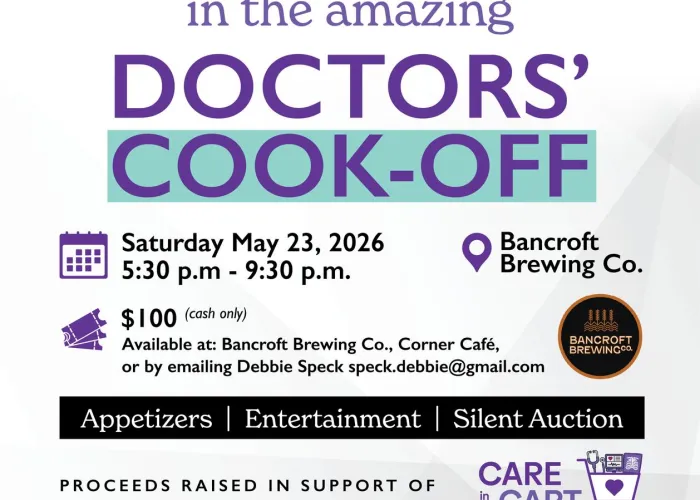 line image of a doctor and a chef, event details, photos of food and beer taps
