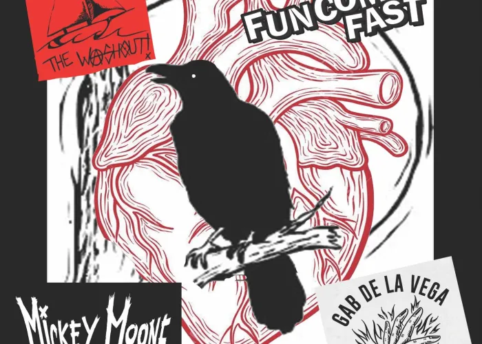 Poster with musician logos and names, crow on a heart made of wood and event details
