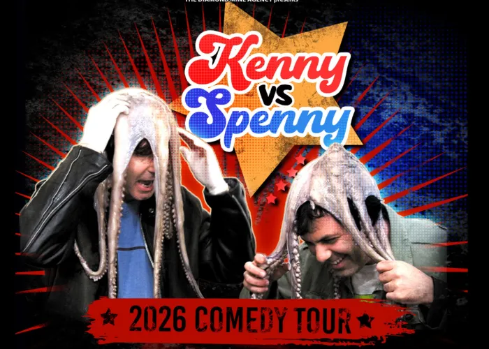 Two men with octopi on their heads, name of the event over a star