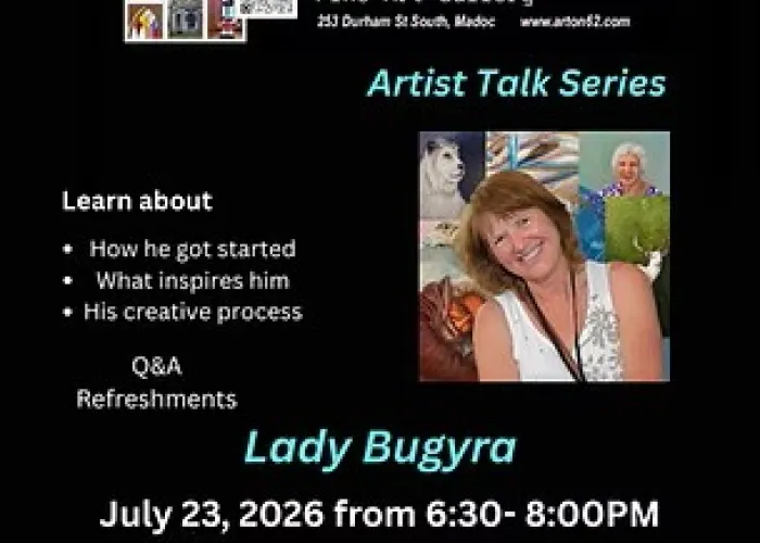 Black background, art gallery information, event details, photo of artist and one of her works