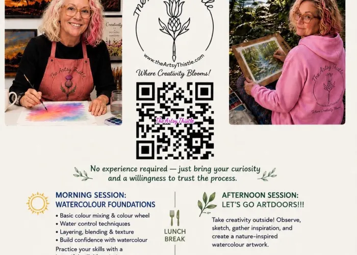 Event details, beige background, two photos of artist, one in studio, one outdoors