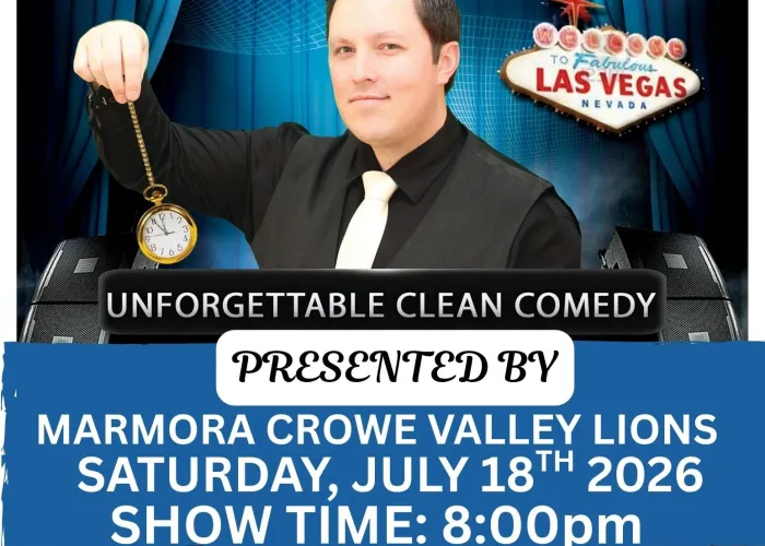 Adam Graeme holding pocket watch, las vegas sign, blue stage curtains, event details