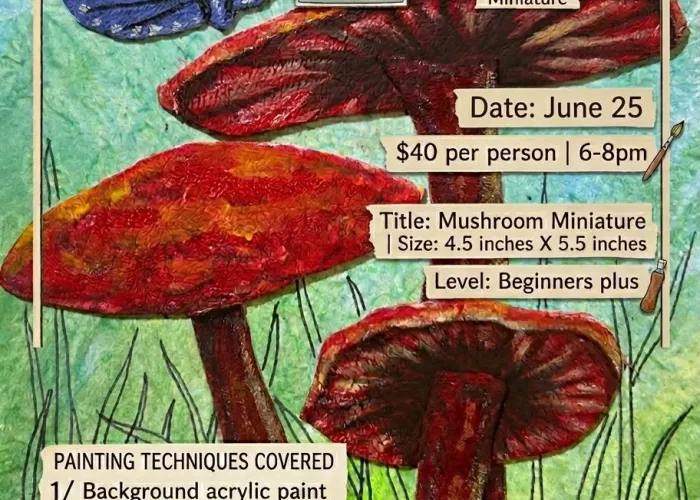 Event details, art of butterfly, three mushrooms, and grass in background