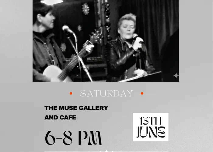 photo of a singer and guitar player performing, event details, black and grey style poster