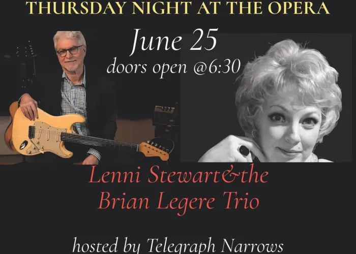 Poster, black background, venue logo, photos of three performers