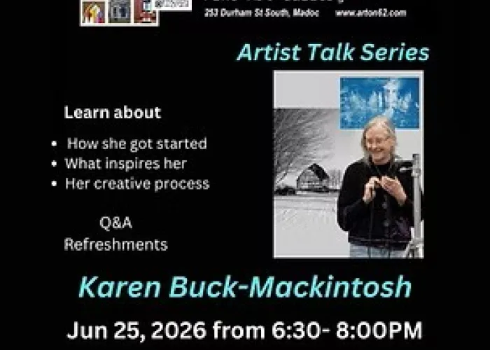 Gallery and event information, photo of artist and two pieces of her work
