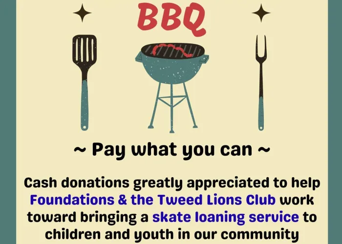 Beige background, green border, cartoon grill in centre with spatula and fork beside, event details