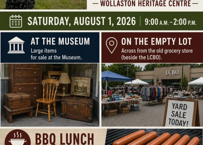 Photos of museum, antique items, LCBO parking lot with yard sale stalls, hot dogs on bbq, and event details