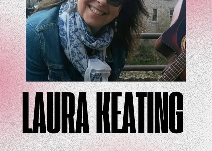 Blended pink and white background, photo of Laura Keating holding guitar upside down outside, event details in black writing