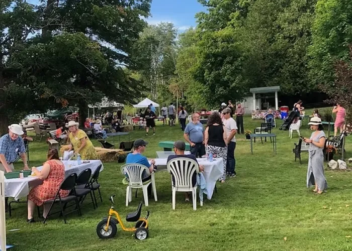 People gathered in lawn chairs and tables outside trees and blue sky in background