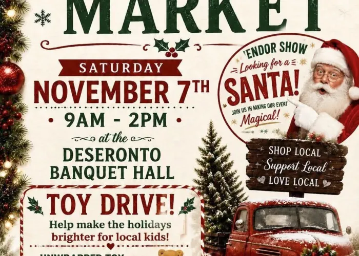 AI poster, event details in green and red writing, image of santa, red truck with tree in back, garland along side of page