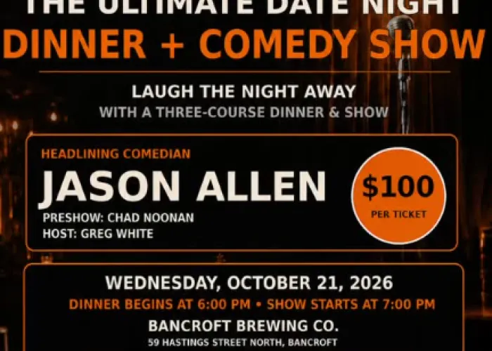 Background is AI image for two meals beside each other on a table with stage and microphone in front of them, in foreground, event details and venue logo