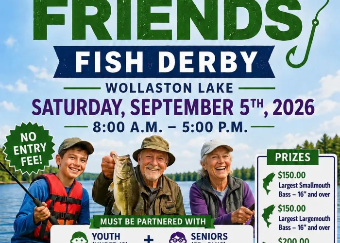 AI poster, three people fishing on lake, event details