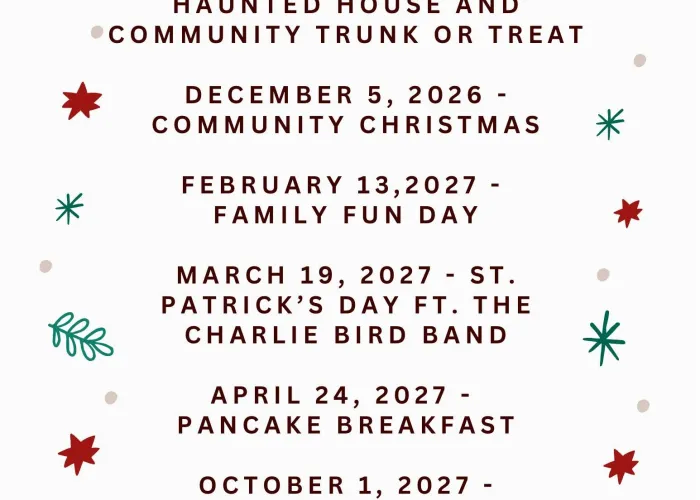 List of events, white background, red and green stars around outside