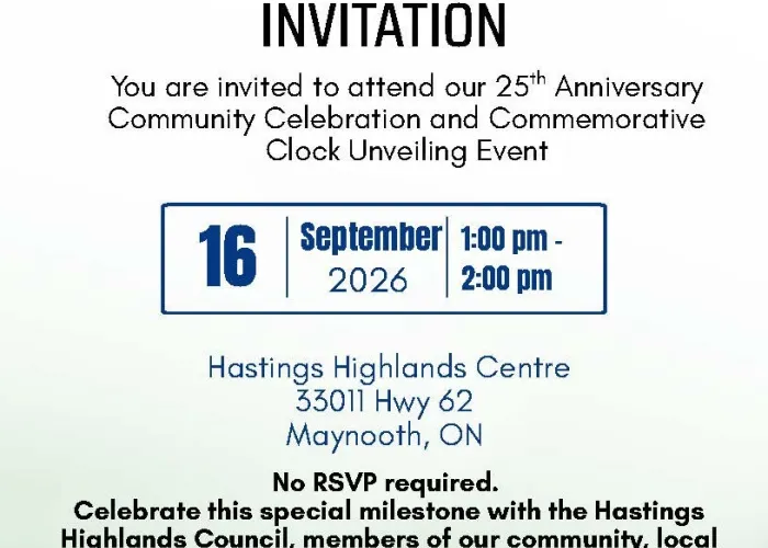 White and green background, hastings highlands logo, event information