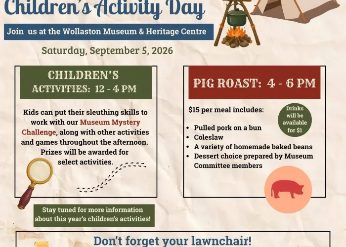 Poster, cartoon images of trees, tent, pot over fire outside, pig, magnifying glass, lawn chair, information about activities, venue