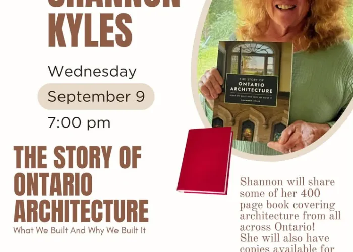 Photo of Shannon Kyles holding her book, beige background, event details, organizer's logo