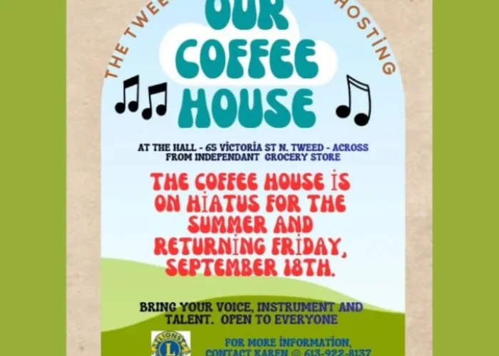 Green on left and right border, beige background in middle, cartoon image of grass, blue sky, white clouds, with musical notes, and event information over top