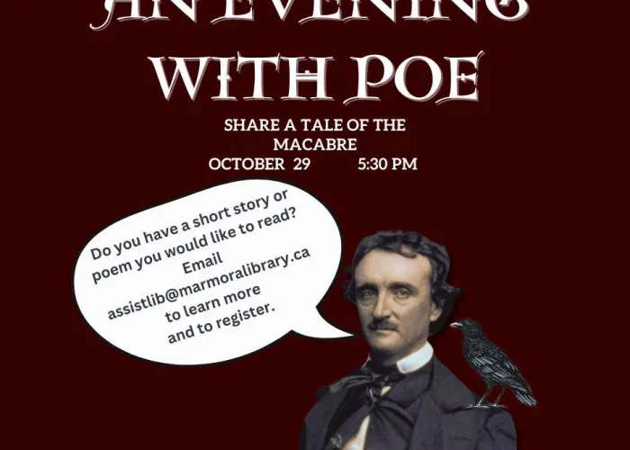 Dark red background, name and details of event in white print, image of Edgar Allan Poe with Raven on shoulder, speech bubble pointing at Mr. Poe with text about the event