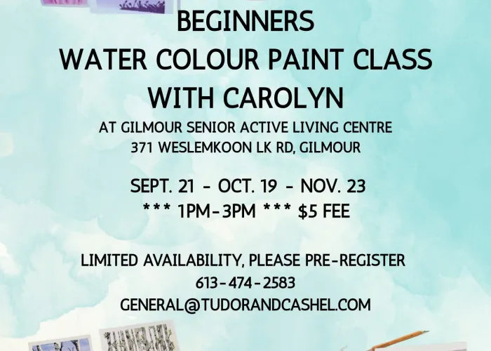 Turquoise water colour background, several examples of water colour paintings at top and bottom of page, event details in centre