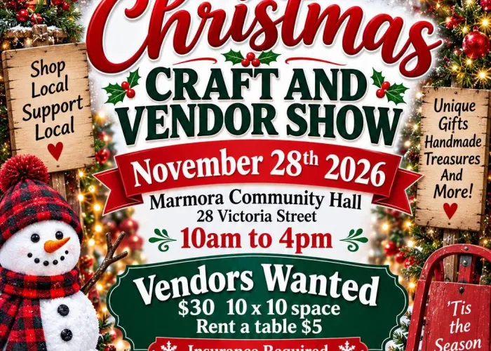 AI poster, evergreen garland with red bows, red berries, christmas lights, pine cones around top and down sides, snowman with red checkered hat and scarf, red sled, wrapped presents, lantern, event details in centre with organizer logo